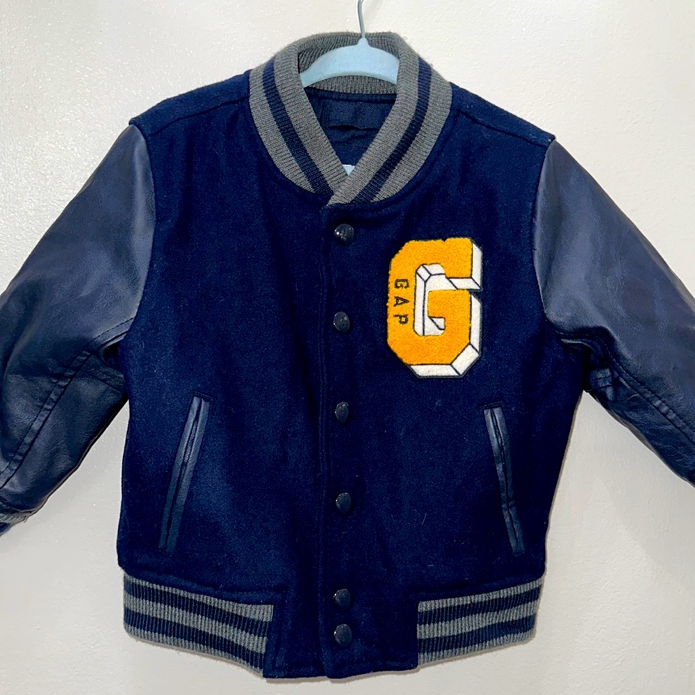 Baby Gap Boys Like New Blue Varsity Bomber G Faux Leather Sleeves Jacket 18-24 M